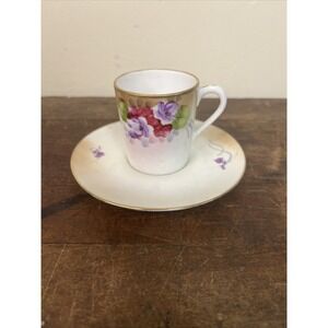 Hand Painted Nippon Purple Pink Pansy Floral Demitasse Tea Cup And Saucer - Mini